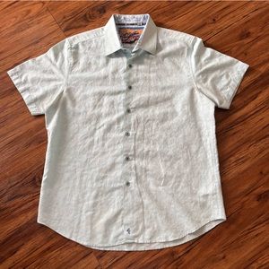 Robert Graham Men's Shirt Size XL Bellerose Teal Blue Linen Blend Short Sleeve